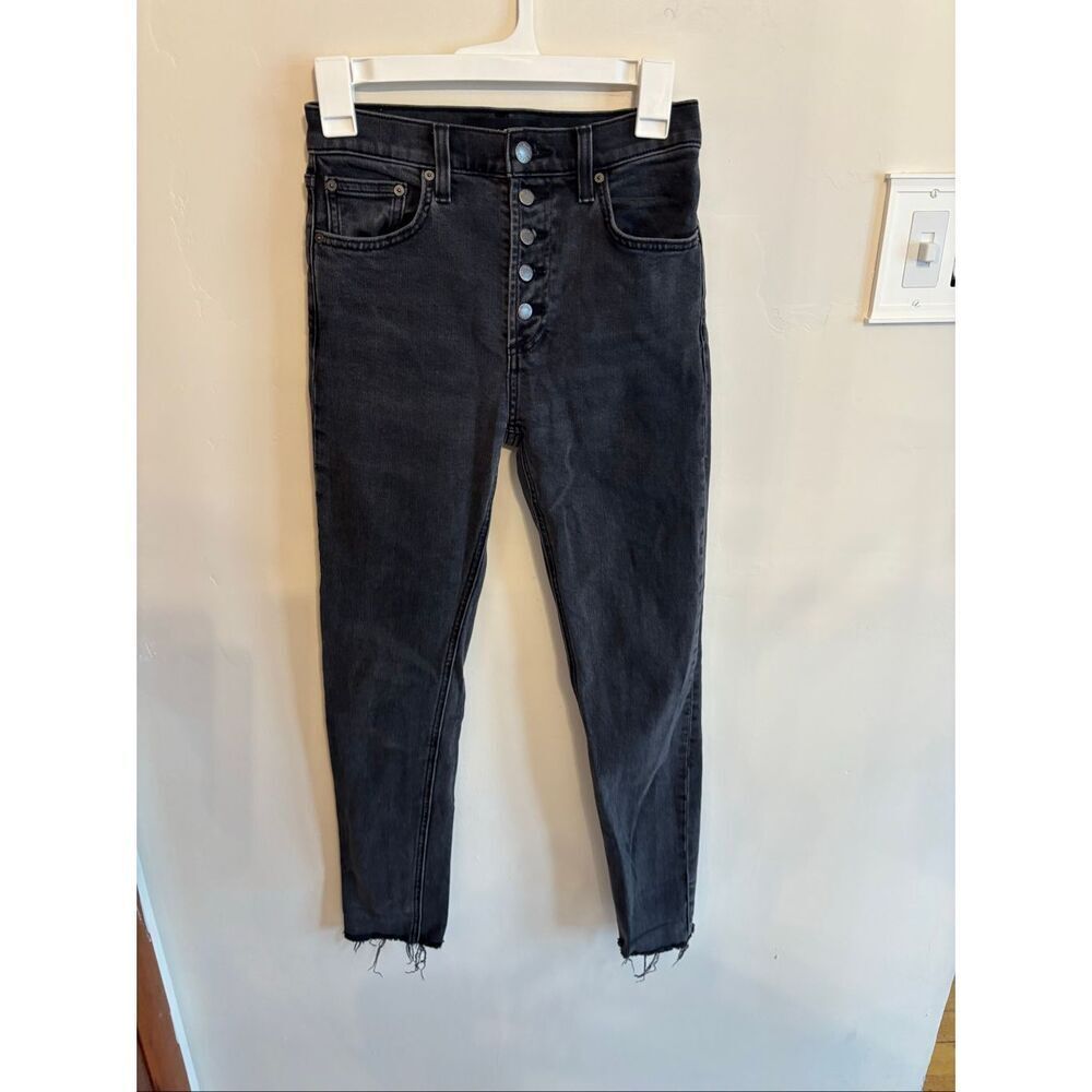Denim Forum The Yoko High Rise Slim Jeans Size 25 Black Raw Hem High Waisted